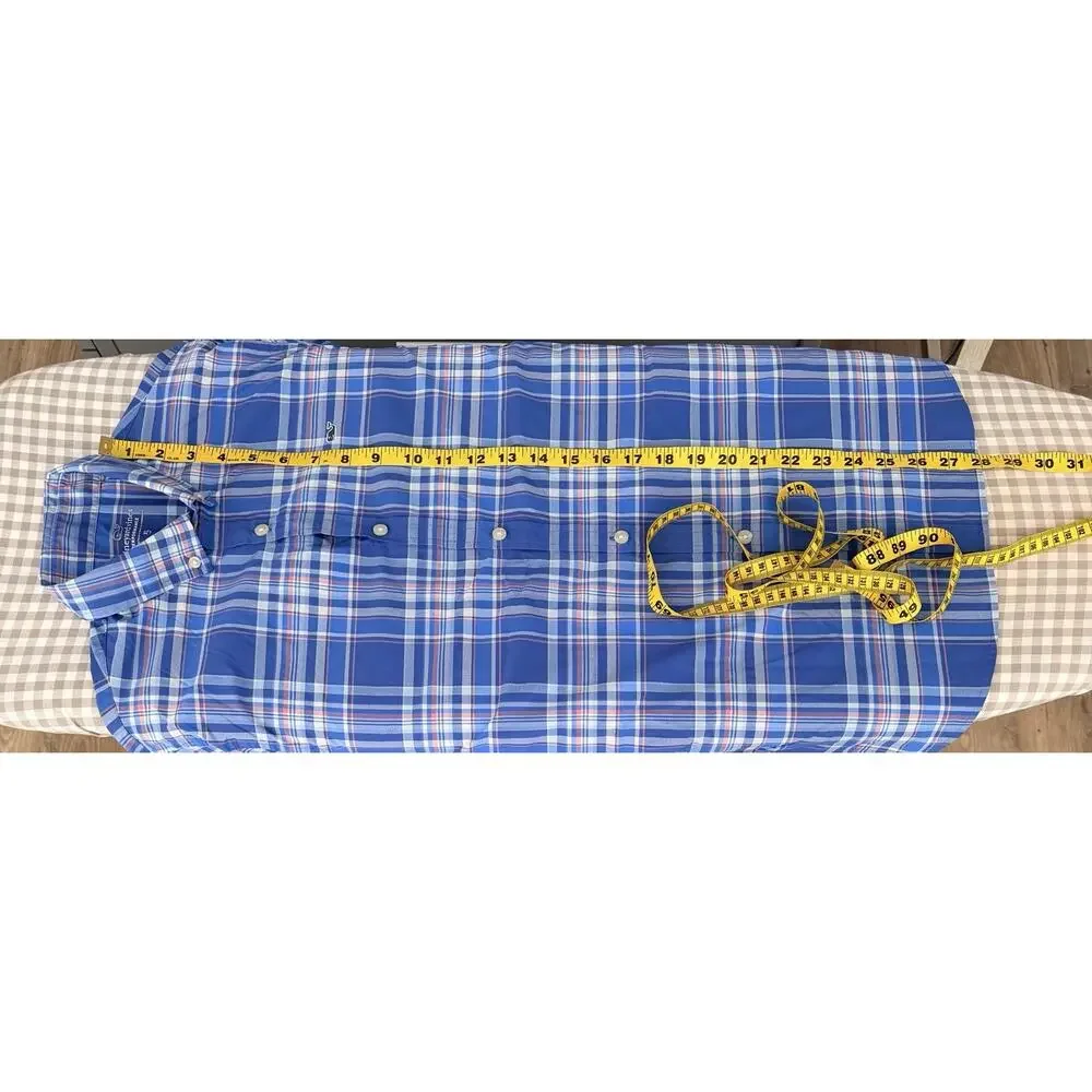 Vineyard Vines Performance Shirt Boys XL 18 Blue White Plaid Long Sleeve Logo